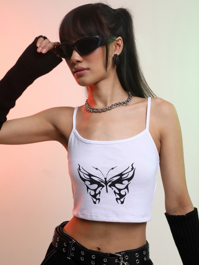 Tokyo Talkies Women White Printed Fitted Tops 