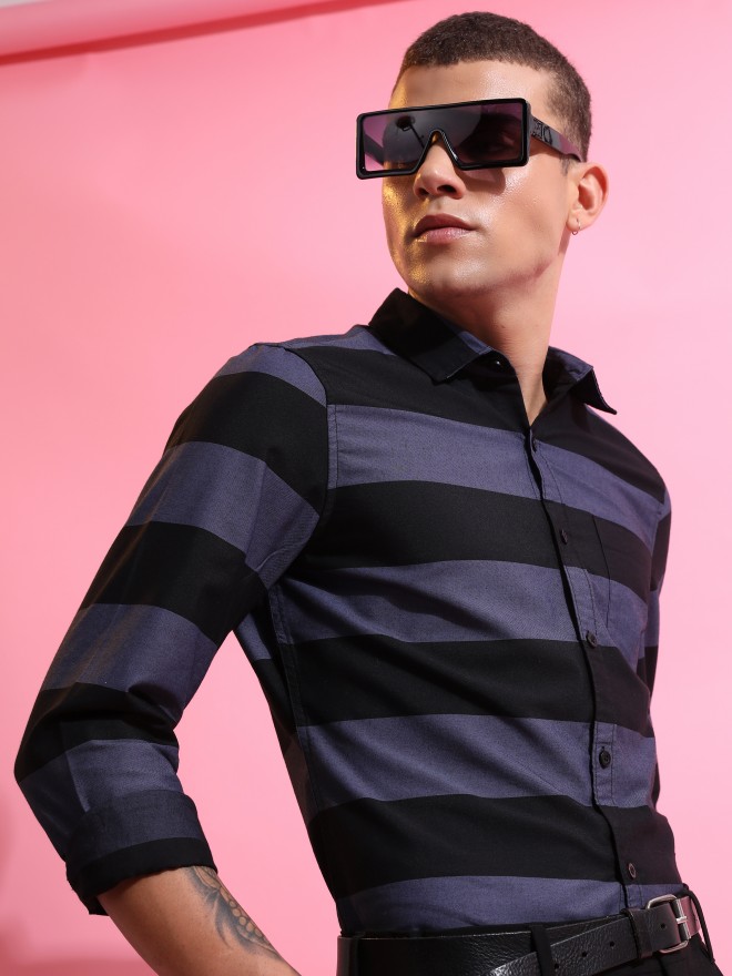 black pink striped shirt