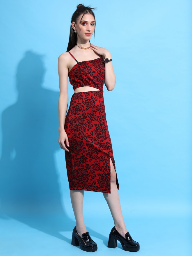 Tokyo Talkies Women Red Self Design Bodycon Dresses 