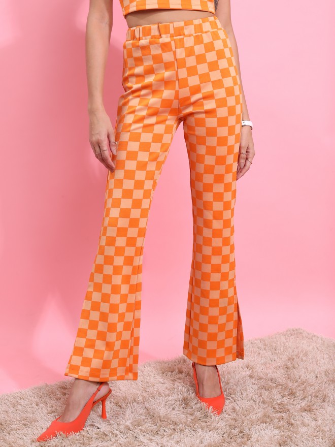 Tokyo Talkies Women Orange Self Design Flared Casual Trousers 