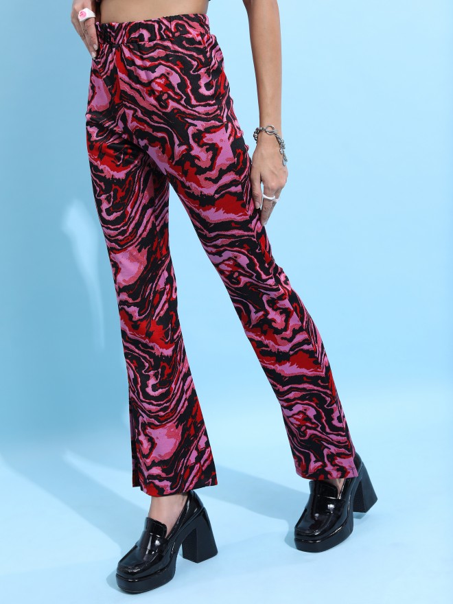 Tokyo Talkies Women Red Self Design Regular Fit Casual Trousers 