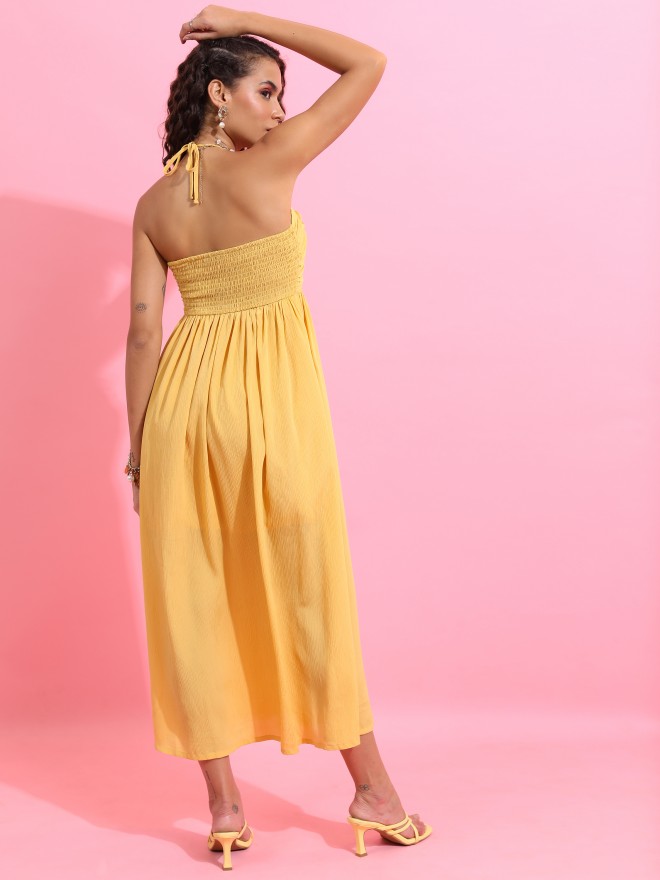 Tokyo Talkies Women Yellow Solid Maxi Dresses 