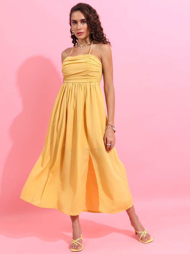 Tokyo Talkies Women Yellow Solid Maxi Dresses 