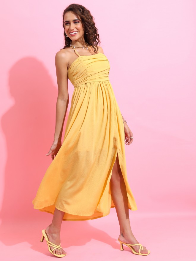 Tokyo Talkies Women Yellow Solid Maxi Dresses 