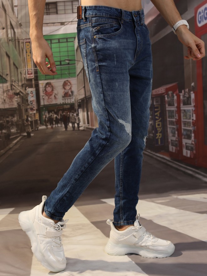 Men's Super Skinny Stretch Tapered Leg Slim Fit Ripped Distressed Jeans
