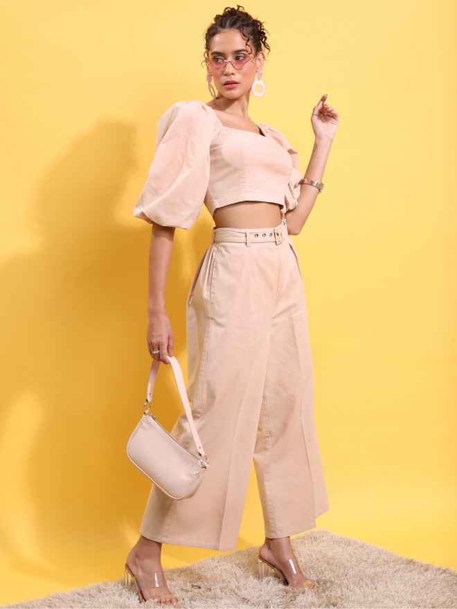 Styli Wrap Crop Top and Wide Leg Trouser CoOrd Set