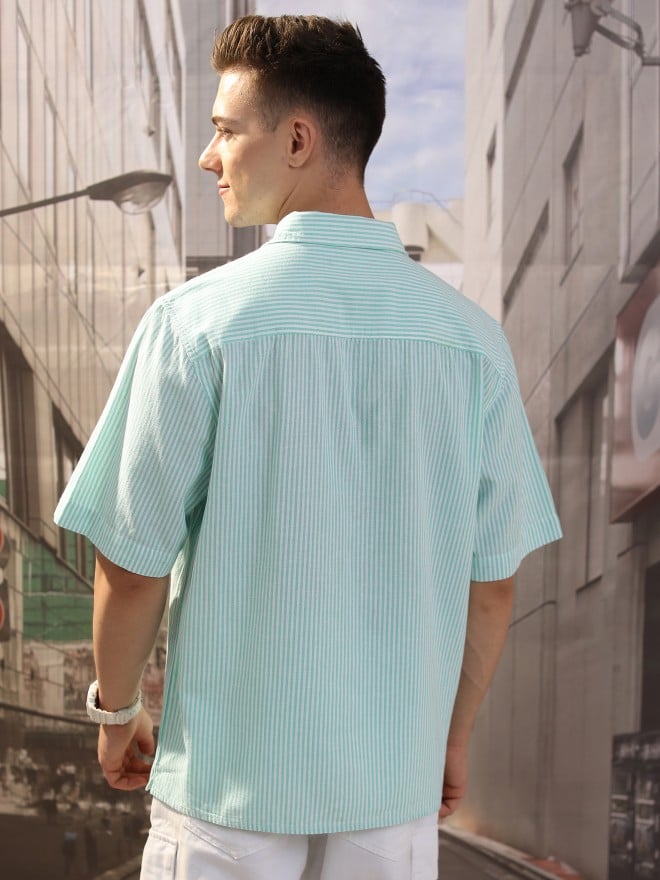 Highlander Men Green Striped Oversized Fit Casual Shirts 