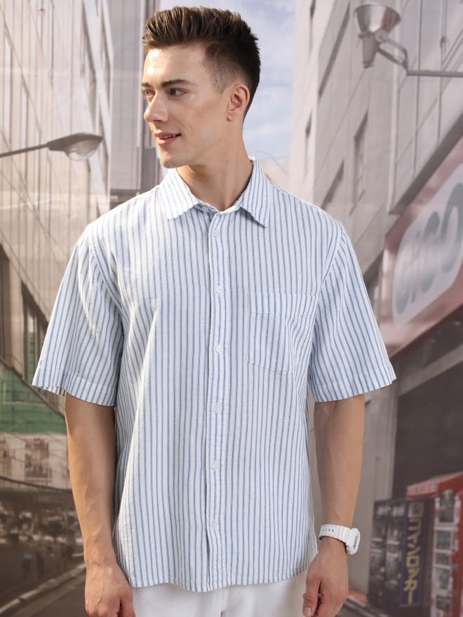 Highlander Men Blue Striped Oversized Fit Casual Shirts 