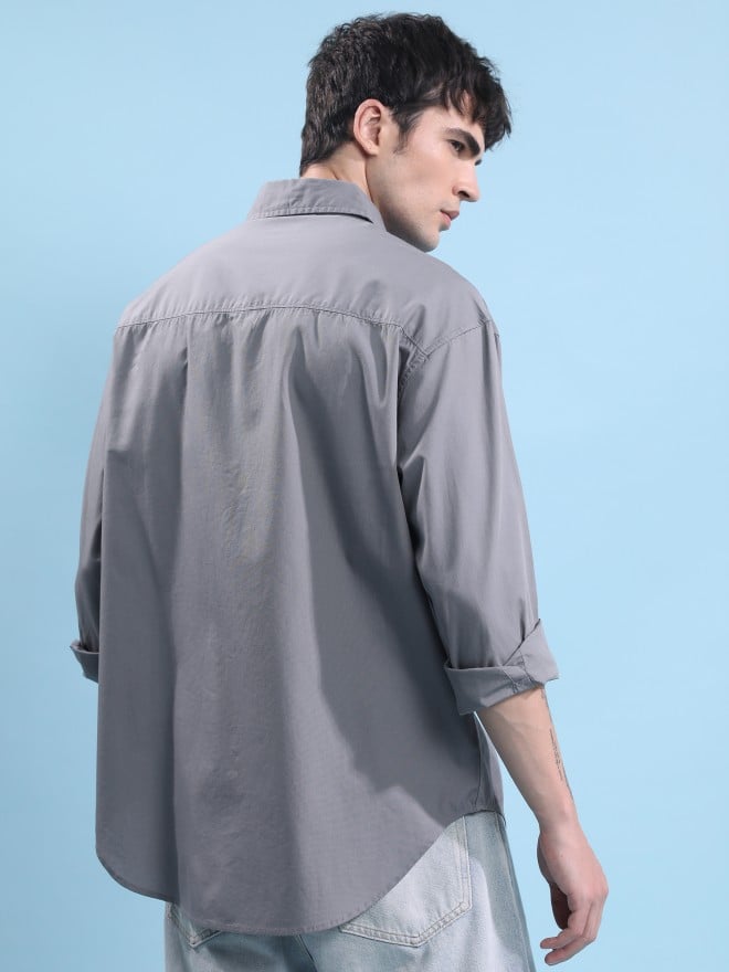 Highlander Men Grey Solid Oversized Fit Casual Shirts 