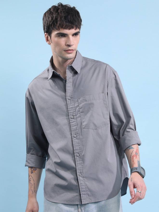 Highlander Men Grey Solid Oversized Fit Casual Shirts 