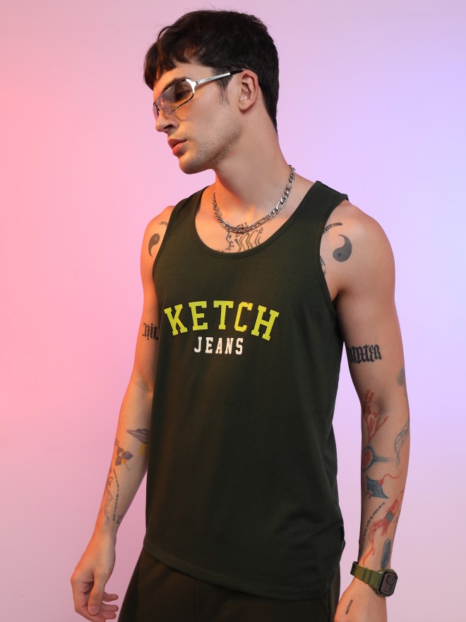 Ketch Men Olive Printed Round Neck T-Shirts 