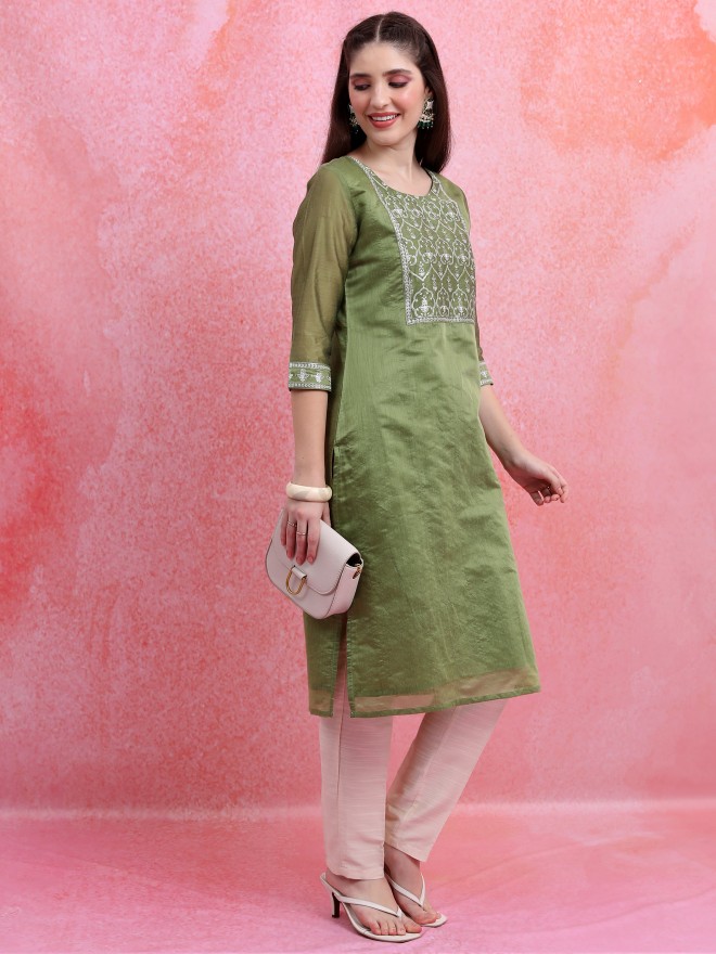 Vishudh Women Green Printed Straight Kurtas 