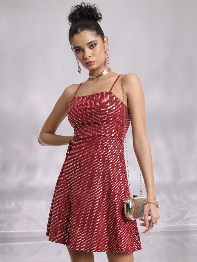 Tokyo Talkies Women Red Self Design A-Line Dresses 