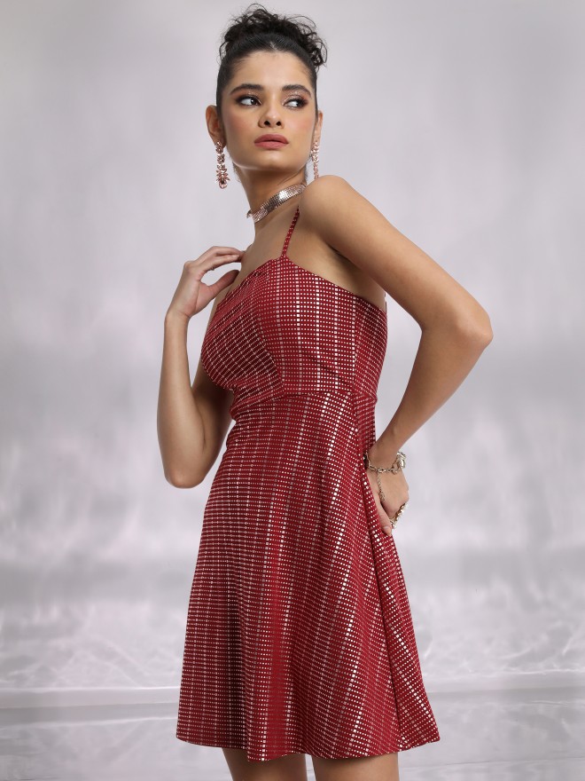 Tokyo Talkies Women Red Self Design A-Line Dresses 