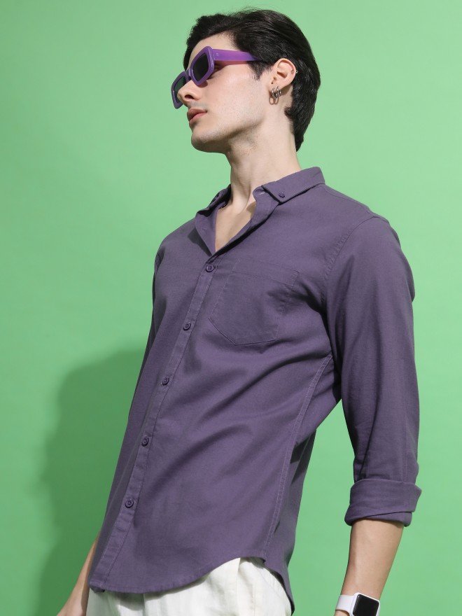 Highlander Men Purple Solid Slim Fit Casual Shirts 