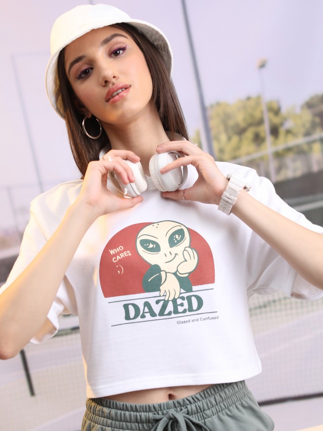 Tokyo Talkies Women White Printed Round Neck T-Shirts 