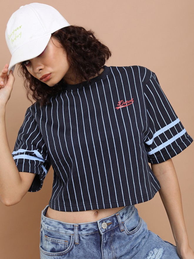 Tokyo Talkies Women Navy Blue Striped Round Neck T-Shirts 