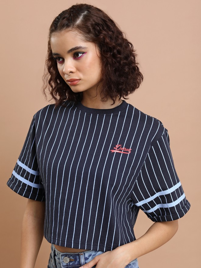 Tokyo Talkies Women Navy Blue Striped Round Neck T-Shirts 