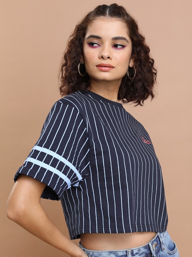 Tokyo Talkies Women Navy Blue Striped Round Neck T-Shirts 