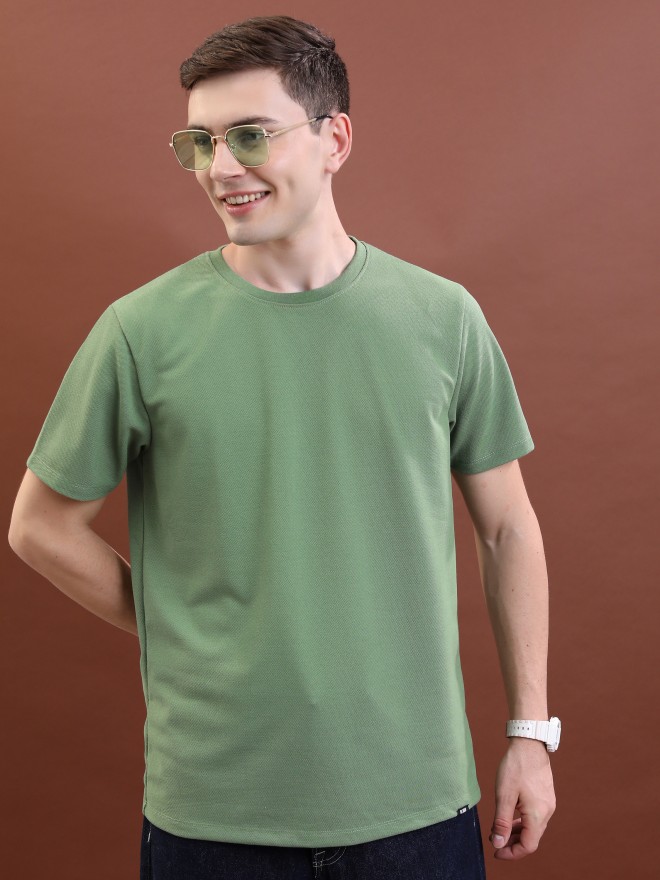 Highlander Men Green Solid Round Neck T-Shirts 