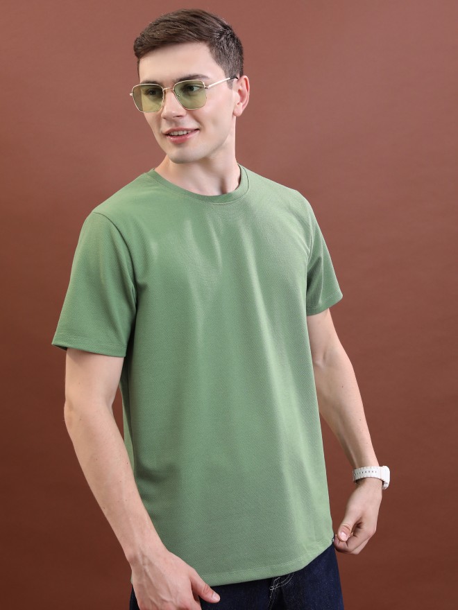 Highlander Men Green Solid Round Neck T-Shirts 