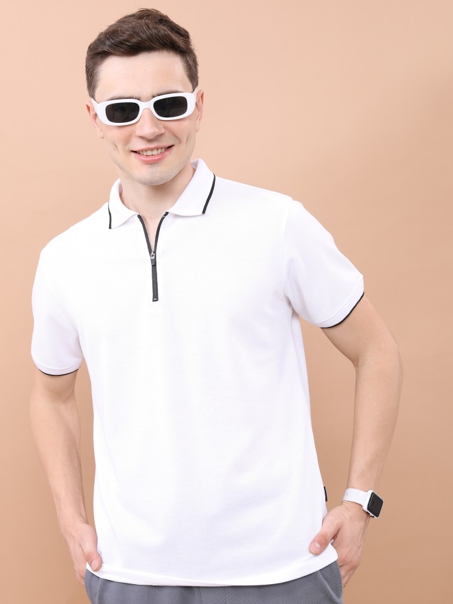 Highlander Men White Solid Polo Collar Polo T-Shirts 