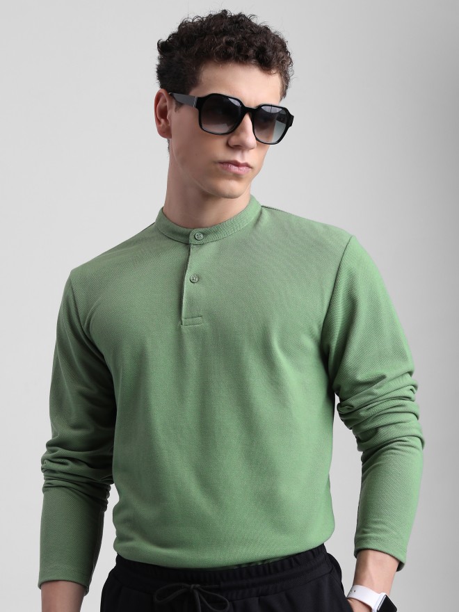 Buy Highlander Green Solid Mandarin Collar T-Shirt for Men Online at Rs ...