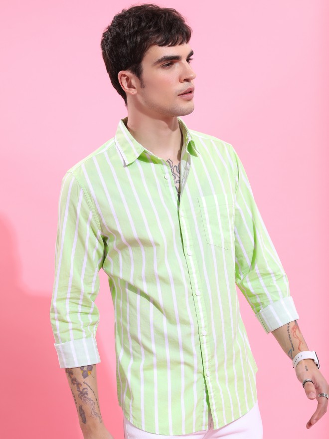 Buy Highlander Lime Green Striped Slim Fit Casual Shirt for Men Online ...