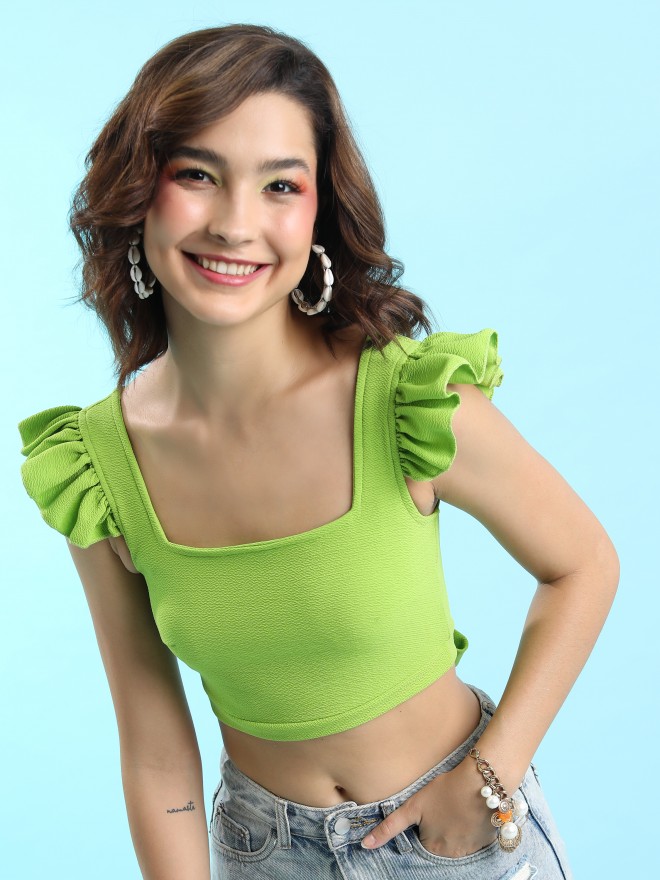 Tokyo Talkies Women Green Solid Fitted Tops 