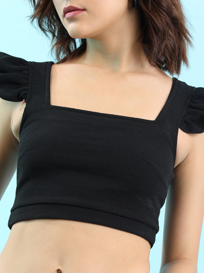 Tokyo Talkies Women Black Solid Fitted Tops 