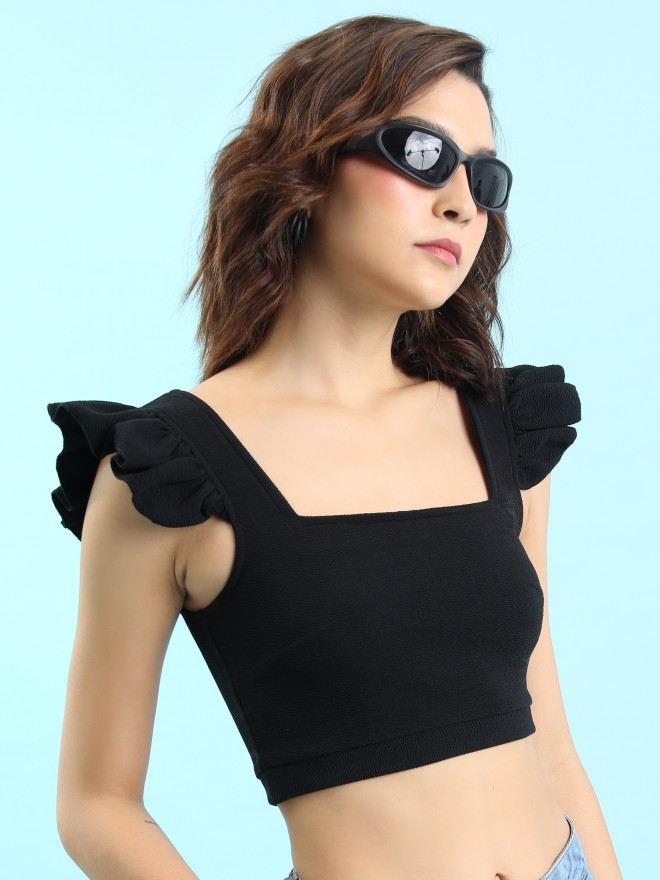 Tokyo Talkies Women Black Solid Fitted Tops 