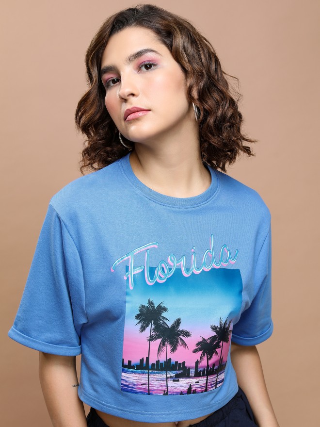 Tokyo Talkies Women Blue Printed Round Neck T-Shirts 