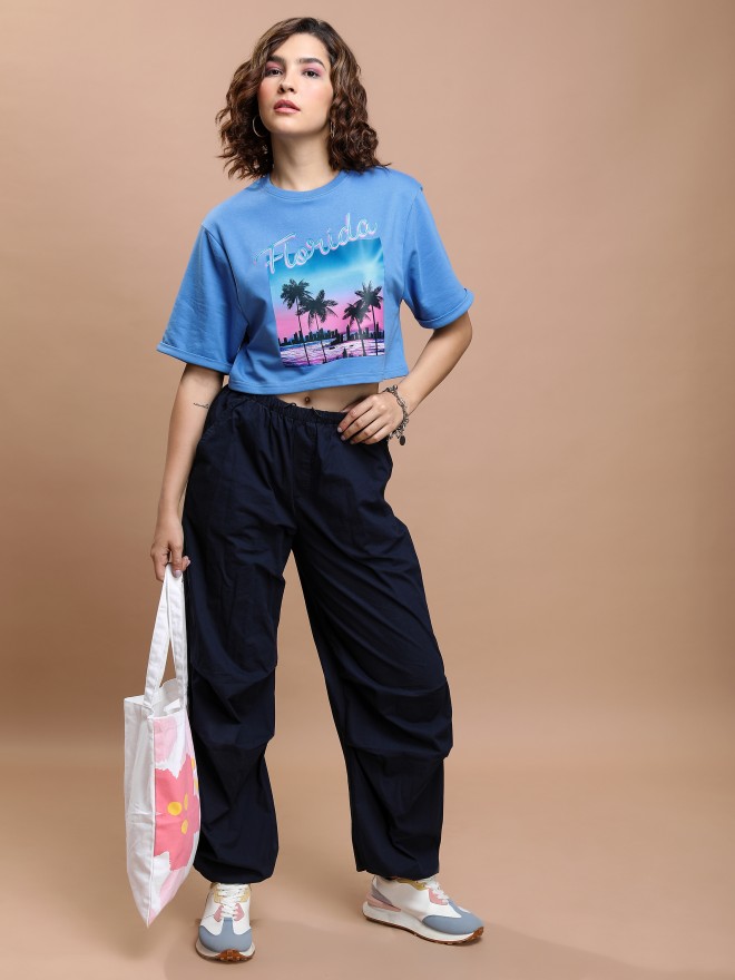 Tokyo Talkies Women Blue Printed Round Neck T-Shirts 