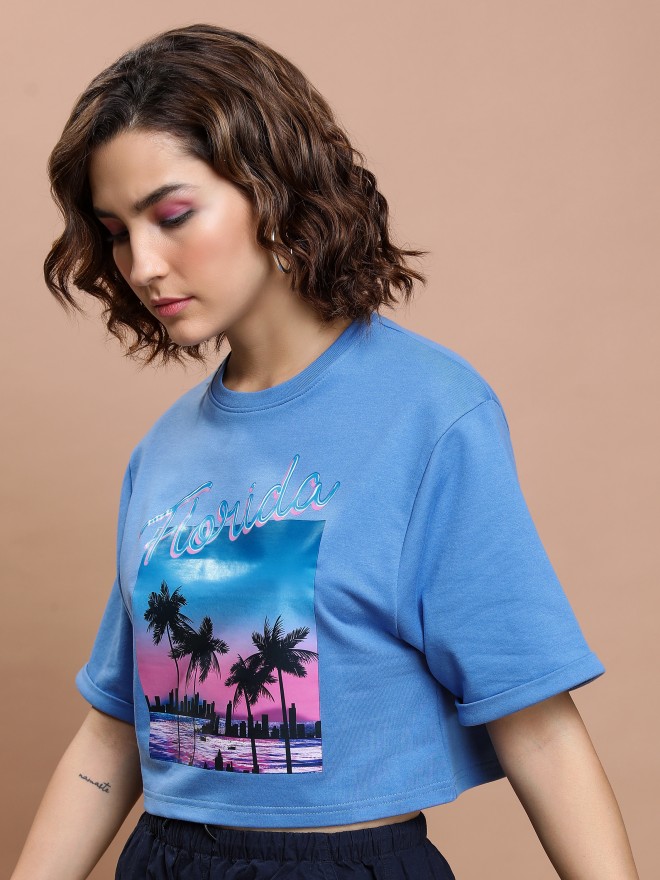 Tokyo Talkies Women Blue Printed Round Neck T-Shirts 