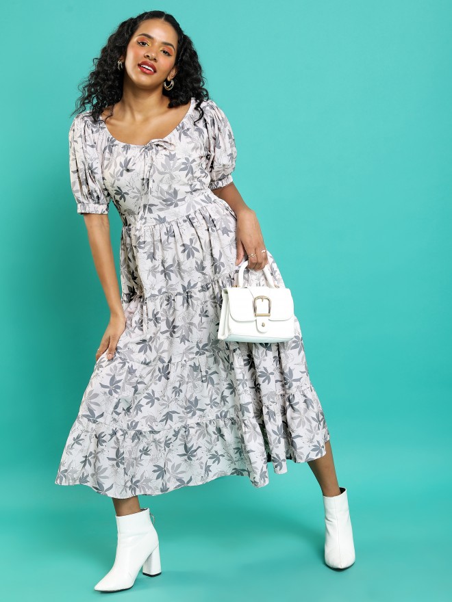 Tokyo Talkies Women Off White Printed Fit And Flare Dresses 