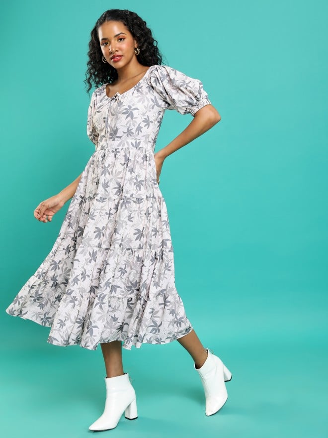 Tokyo Talkies Women Off White Printed Fit And Flare Dresses 