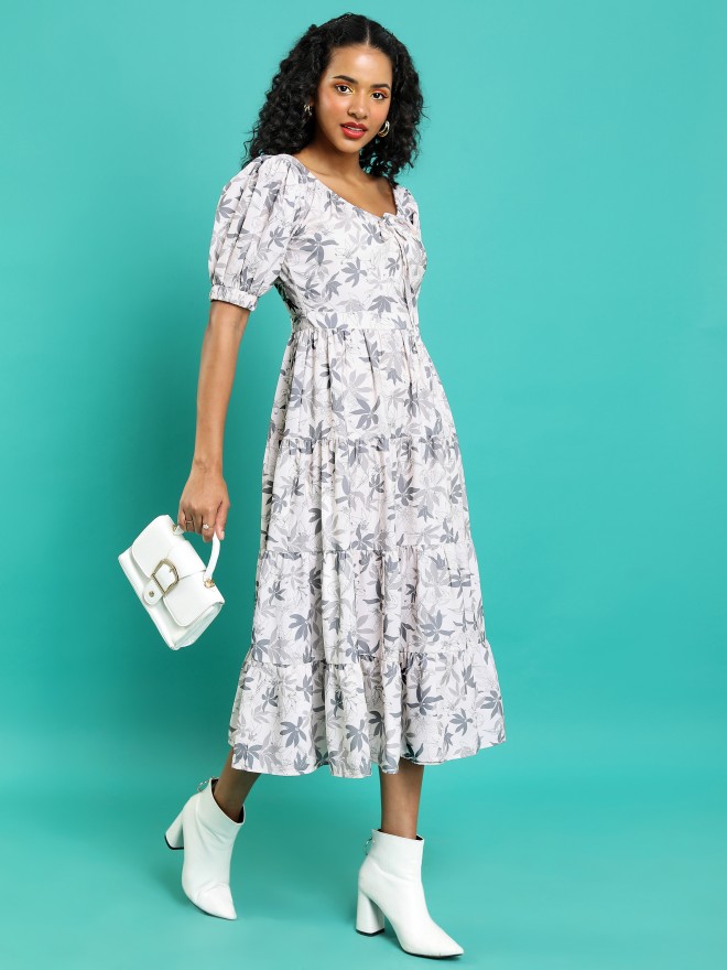 Tokyo Talkies Women Off White Printed Fit And Flare Dresses 