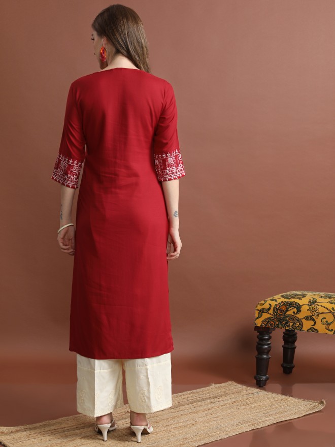 Vishudh Women Red Woven Design Straight Kurtas 