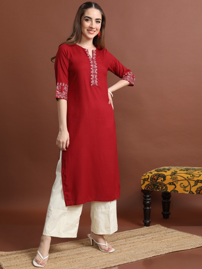 Vishudh Women Red Woven Design Straight Kurtas 