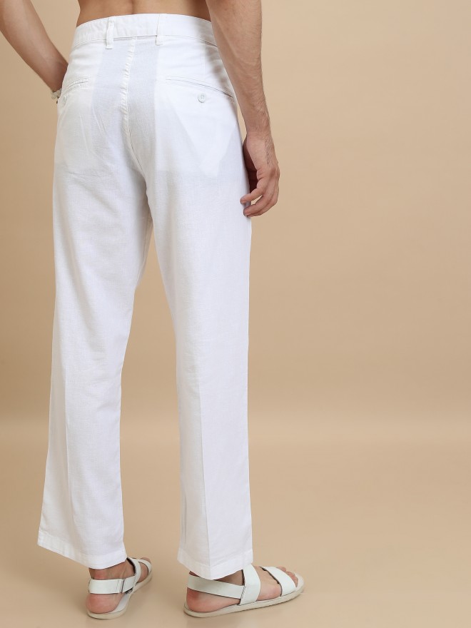 Buy Men White Smart Fit Solid Flat Front Casual Trousers Online - 783322