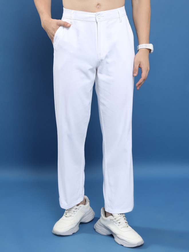 Highlander Men White Regular Fit Solid Casual Trousers Chinos 