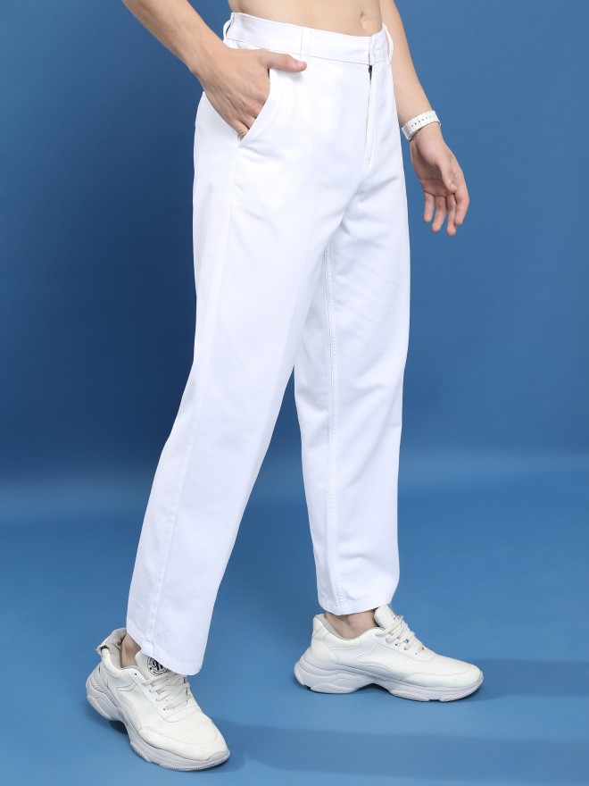 Highlander Men White Regular Fit Solid Casual Trousers Chinos 