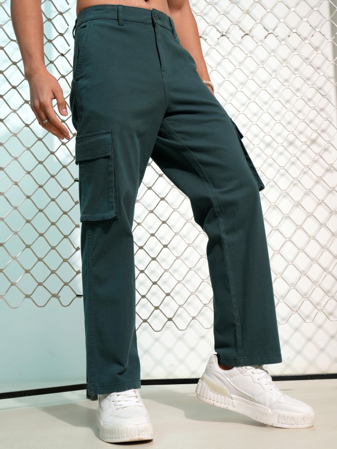 Highlander Men Teal Straight Fit Solid Cargos