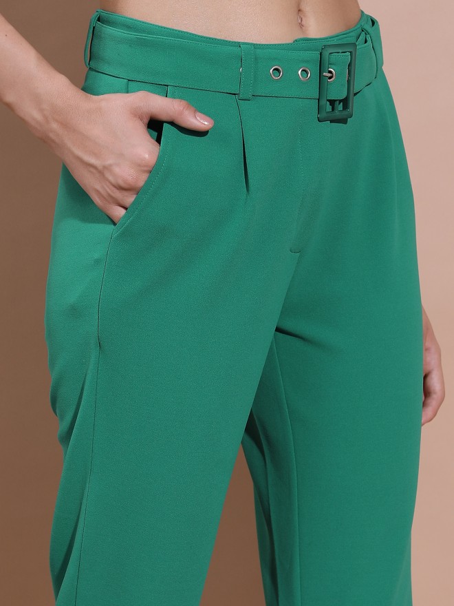 Tokyo Talkies Women Teal Solid Regular Fit Casual Trousers 