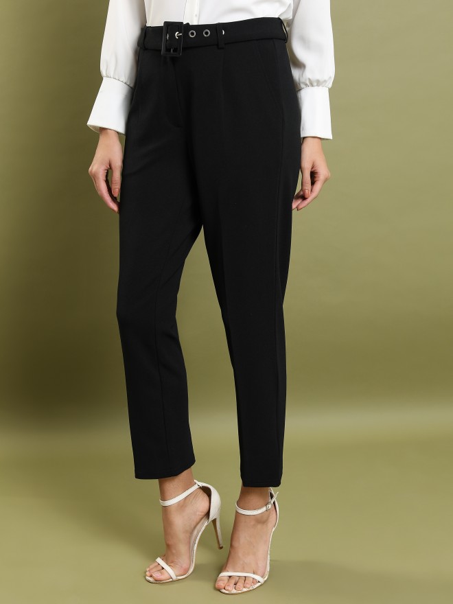 Tokyo Talkies Women Black Solid Regular Fit Casual Trousers 