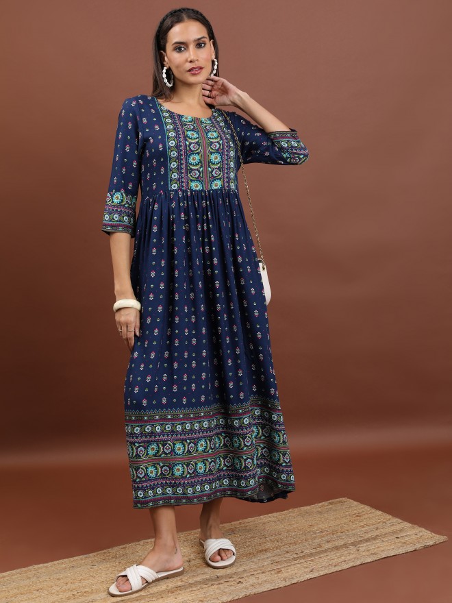 Vishudh Women Navy Blue Printed A-Line Dresses 