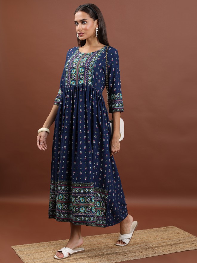 Vishudh Women Navy Blue Printed A-Line Dresses 