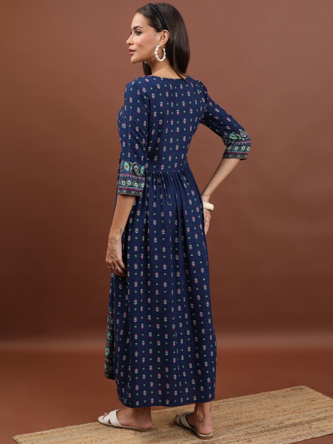 Vishudh Women Navy Blue Printed A-Line Dresses 