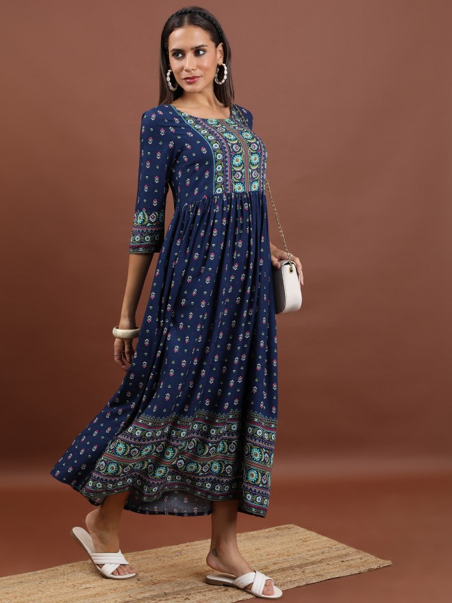 Vishudh Women Navy Blue Printed A-Line Dresses 