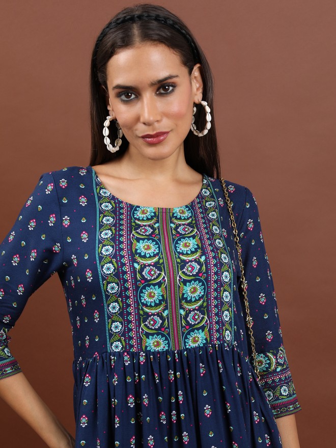 Vishudh Women Navy Blue Printed A-Line Dresses 